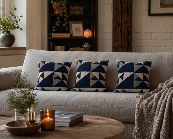 Sierkussen 45 x 45 cm – Geometrisch Design in Donkerblauw, Crème en Taupe – Gemaakt in Nederland