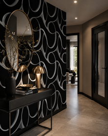 York Elliptical Behang – Zwart/Wit – Modern Geometrisch Vliesbehang met Metallic Accenten