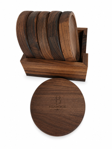Belamonte Onderzetters van Walnoothout 6 Stuks met Houder Rond 10 cm Luxe Houten Onderzetters