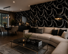 York Elliptical Behang – Zwart/Wit – Modern Geometrisch Vliesbehang met Metallic Accenten