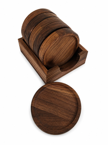Belamonte Onderzetters van Walnoothout 6 Stuks met Houder Rond 10 cm Luxe Houten Onderzetters