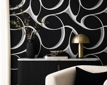 York Elliptical Behang – Zwart/Wit – Modern Geometrisch Vliesbehang met Metallic Accenten