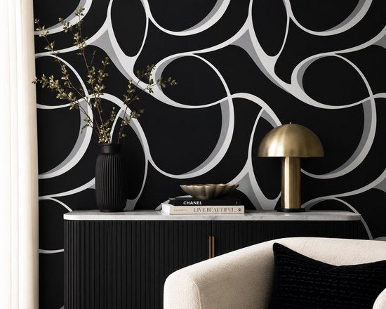 York Elliptical Behang – Zwart/Wit – Modern Geometrisch Vliesbehang met Metallic Accenten