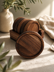 Belamonte Onderzetters van Walnoothout 6 Stuks met Houder Rond 10 cm Luxe Houten Onderzetters