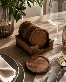 Belamonte Onderzetters van Walnoothout 6 Stuks met Houder Rond 10 cm Luxe Houten Onderzetters