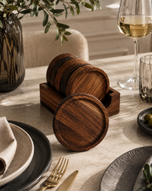Belamonte Onderzetters van Walnoothout 6 Stuks met Houder Rond 10 cm Luxe Houten Onderzetters