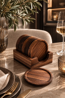 Belamonte Onderzetters van Walnoothout 6 Stuks met Houder Rond 10 cm Luxe Houten Onderzetters