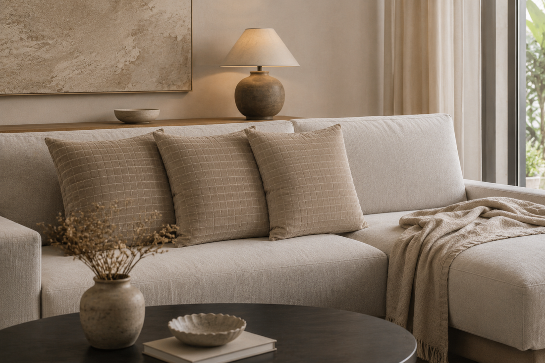 Luxe Beige Velvet Sierkussen 60 x 60 cm met Elegant Gridpatroon Gemaakt in Nederland — Hotel Chique Woonaccessoire