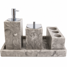 Belamonte Luxe Badkamer Accessoires Set Grijs Marmer 4-delig met Tray – Zeeppomp, Tandenborstelhouder en Opbergpot