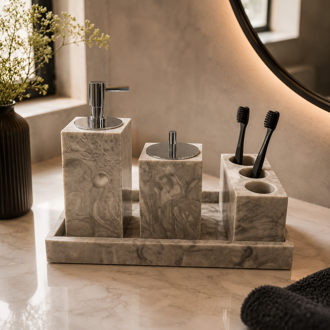 Belamonte Luxe Badkamer Accessoires Set Grijs Marmer 4-delig met Tray – Zeeppomp, Tandenborstelhouder en Opbergpot