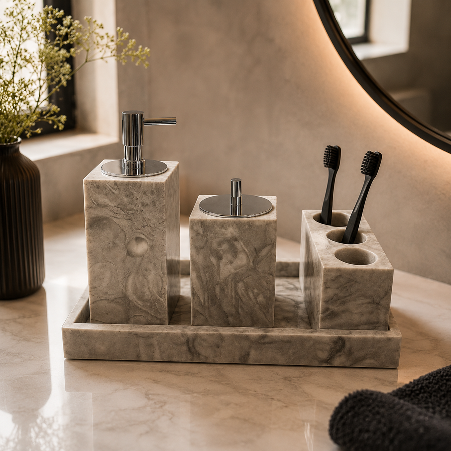 Belamonte Luxe Badkamer Accessoires Set Grijs Marmer 4-delig met Tray – Zeeppomp, Tandenborstelhouder en Opbergpot