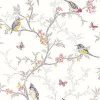 HoldSongbird Behang – Vogels & Bloemen – Wit Multi – Vliesbehang – 53 cm x 10,05 m